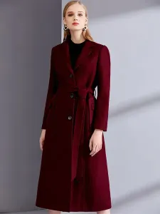 Wool Wrap Coats Burgundy Notch Collar Winter Outerwear For Women #468252