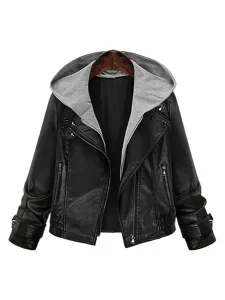Black Leather Jacket Plus Size Hooded Women Moto Jacket Spring Outerwear #469284
