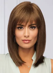 Straight Human Hair Wigs Heat Resistant Fiber Layered Women's Wigs In Brown