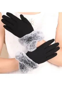 Modlily Black Faux Fur Wrist Warming Full Finger Gloves - One Size #1189676