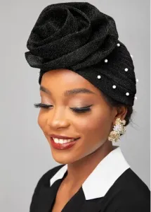 Modlily Black Floral Design Pearl Turban Hat - One Size