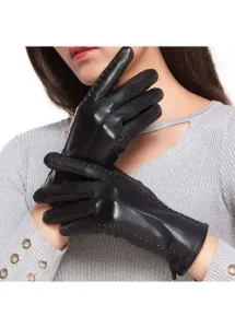 Modlily Black Leather Wrist Warming Full Finger Gloves - One Size