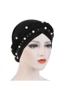 Modlily Black Pearl Beaded Cotton Turban Hat - One Size