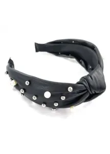 Modlily Black Pearl Detail Faux Leather Headband - One Size
