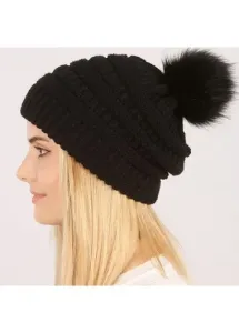 Modlily Black Puff Ball Acrylic Beanie Hat - One Size