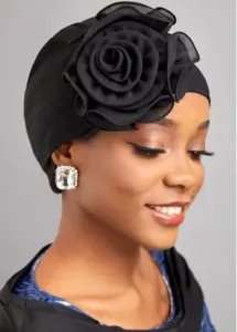 Modlily Black Stereo Flower Design Turban Hat - One Size