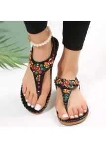 Modlily Black Ditsy Floral Toe Post Falt Sandals - 41