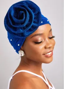 Modlily Dark Blue Pearl Flower Turban Hat - One Size