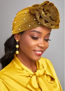 Modlily Gold Pearl Design Floral Detail Turban Hat - One Size
