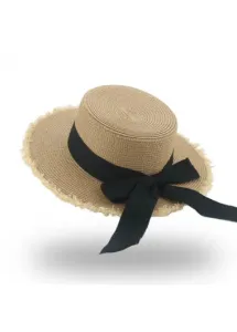 Modlily Light Coffee Bowknot Detail Visor Straw Hat - One Size