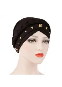 Modlily Pearl Polyester Detail Black Turban Hat - One Size