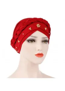 Modlily Pearl Polyester Detail Red Turban Hat - One Size