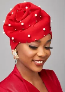 Modlily Red Pearl Floral Design Turban Hat - One Size