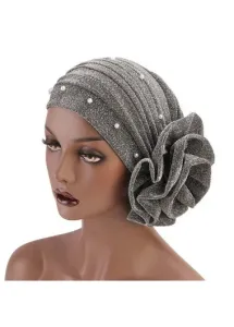Modlily Silver Pearl Design Floral Detail Turban Hat - One Size
