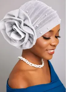 Modlily Silvery White Flower Pearl Turban Hat - One Size
