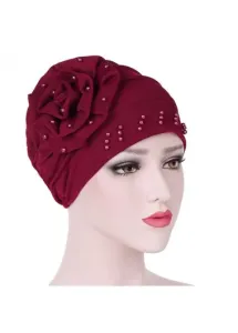 Modlily Wine Red Cotton Floral Design Turban Hat - One Size