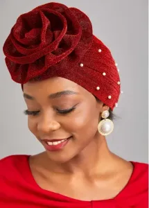 Modlily Wine Red Pearl Flower Desin Turban Hat - One Size