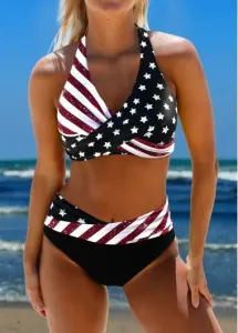Modlily American Flag Criss Cross Star Print Black Bikini Set - M