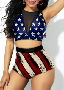 Modlily American Flag Print Mesh Stitching High Waist Bikini Set - L