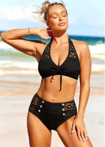 Modlily Black Lace Patchwork Decorative Button Bikini Set - XL