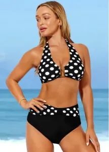 Modlily Black Polka Dot High Waisted Halter Bikini Set - XL