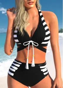 Modlily Bowknot Cutout Striped Black Bikini Set - M