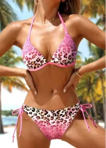 Modlily Bowknot Design Leopard Pink Bikini Set - L