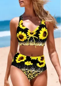 Modlily Bowknot Floral Print Yellow Bikini Set - S
