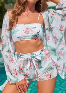 Modlily Bowknot High Waisted Leaf Print Bikini Set - S