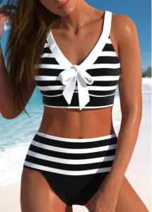 Modlily Bowknot High Waisted Striped Black Bikini Set - S