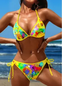 Modlily Bowknot Sunflower Print Yellow Bikini Set - XL