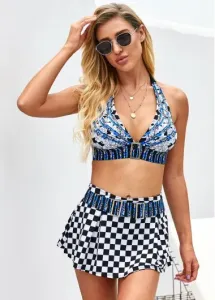 Modlily Checkered Print Halter Buckle Detail Bikini Set - XXL