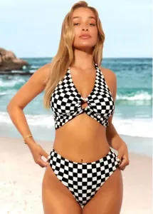 Modlily Color Block High Waisted Checkered Print Bikini Set - L