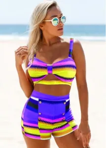 Modlily Colorful Geometric Print High Waisted Bikini Set - XL
