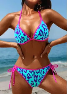 Modlily Contrast Binding Leopard Cyan Bikini Set - M