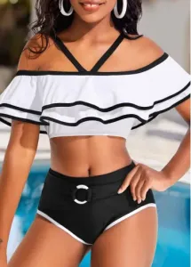 Modlily Contrast Binding Mid Waisted White Bikini Set - XL