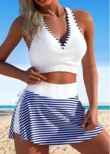 Modlily Contrast Binding Striped White Bikini Set - L