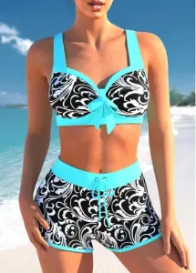 Modlily Contrast Stitch Cyan Floral Print Bikini Set - XL