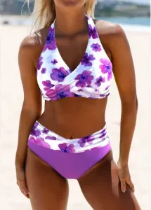 Modlily Criss Cross Floral Print Purple Bikini Set - S