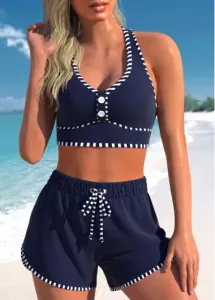 Modlily Criss Cross High Waisted Striped Navy Bikini Set - L