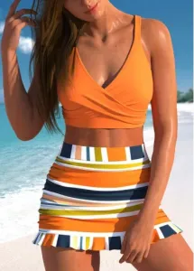 Modlily Criss Cross Multi Stripe Print Orange Bikini Set - L