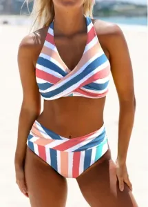 Modlily Criss Cross Striped Multi Color Bikini Set - L #1298992