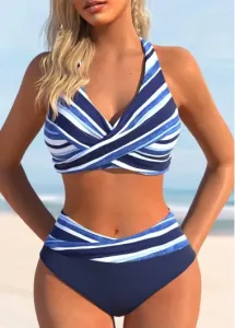 Modlily Criss Cross Striped Navy Bikini Set - L #1249905
