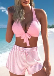 Modlily Criss Cross Striped Pink Bikini Set - L