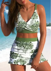 Modlily Criss Cross Tropical Plants Print Sage Green Bikini Set - L