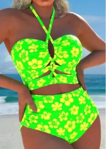 Modlily Drawstring Floral Print Neon Green Bikini Set - S