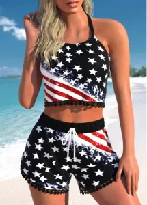 Modlily Drawstring Mid Waisted American Flag Print Bikini Set - M