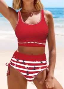 Modlily Drawstring Patchwork Striped Red Bikini Set - M