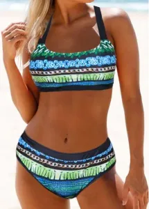 Modlily Green Multi Color Bikini Swimsuit for Women Tie Back Printed Mid Waist Bikini Set - XXL