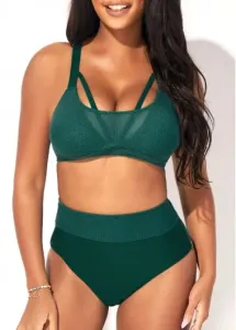 Modlily High Waist Dark Green Mesh Stitching Bikini Set - M